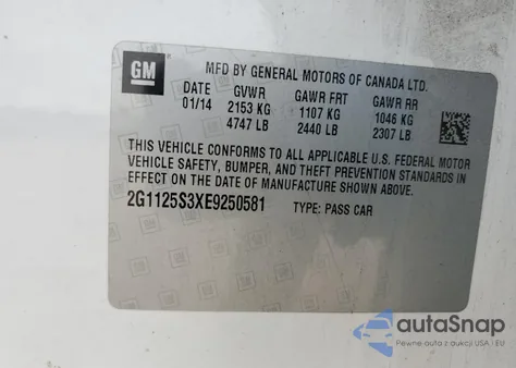 2014 Chevrolet Impala Lt z USA, uszkodzony, nr VIN 2G1125S3XE9250581